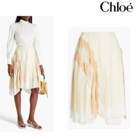 Chloé Silk Chiffon Lace Trim Pleated Midi Skirt – NWT, Size FR 38 Ivory - Picture 15 of 16